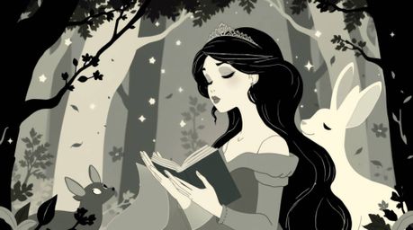 A princess with refined features sings gracefully with forest animals in a vintage 2D animation style, presented in bold sect
