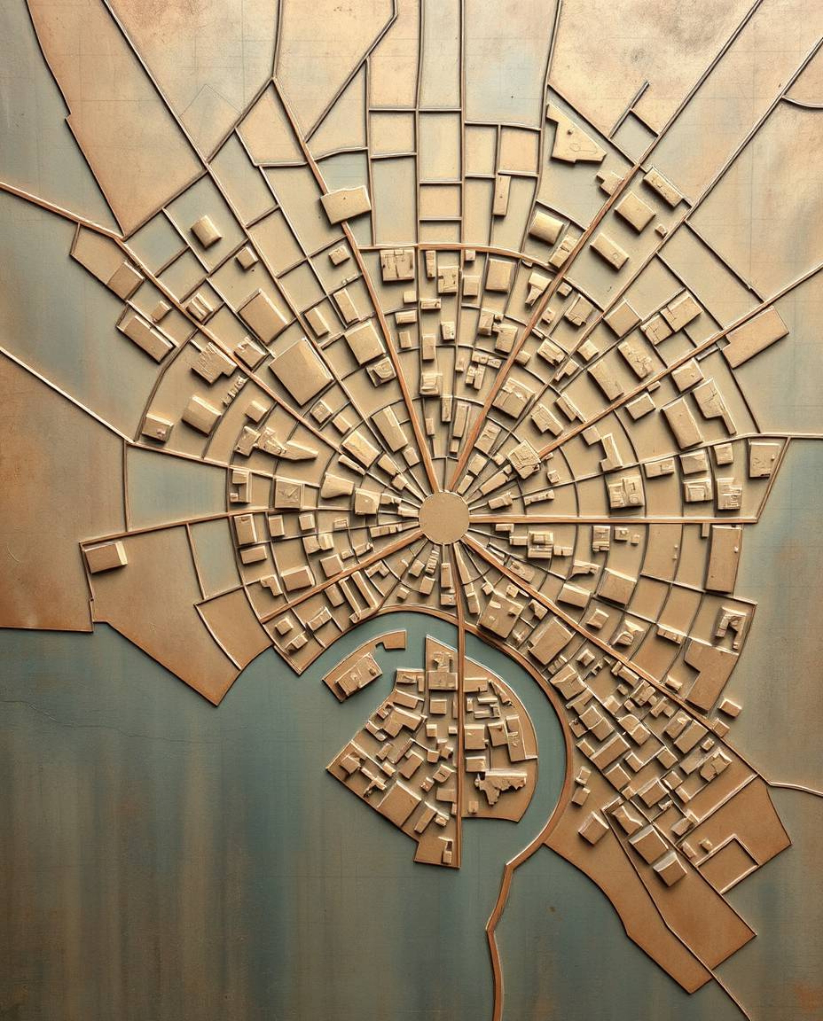 This artwork presents an abstract city map composed of geometric shapes, viewed from a top-down perspective. The surface is r