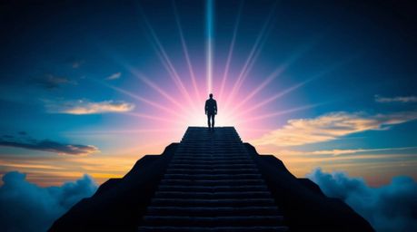 A striking geometric logo featuring a lone figure ascending a stone staircase towards a radiant beam of divine light, envelop