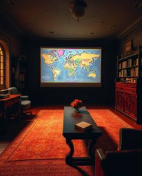 A captivating scene unfolds in an old study where a glowing map is projected, showcasing vibrant complimentary colors that be
