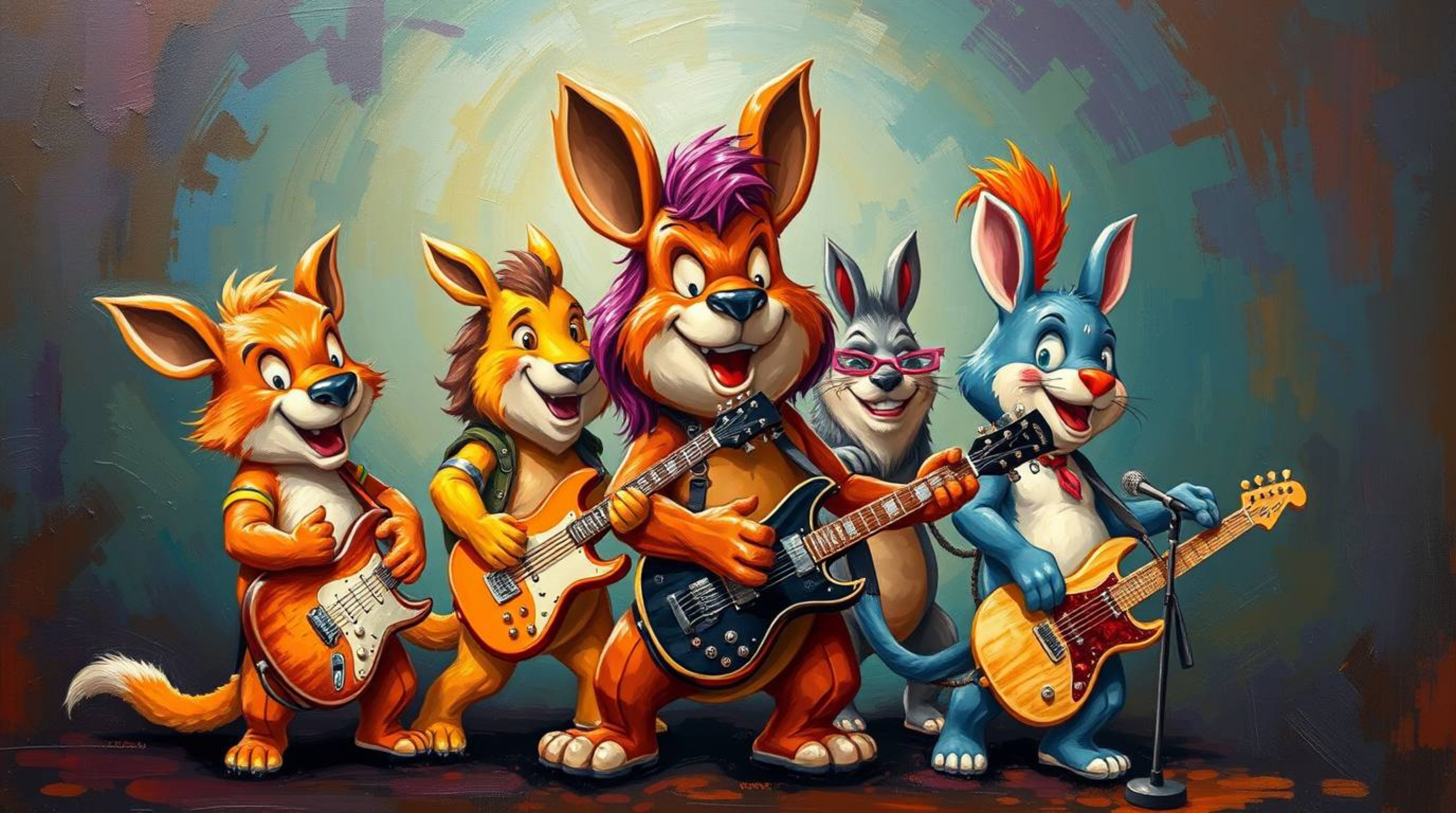 Experience a captivating fusion of classic art and modern music with this stunning image.  A band of cartoon animals rocks ou