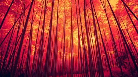 Explore a surreal infrared photograph capturing a bamboo forest illuminated by the warm glow of a setting sun. This image emp