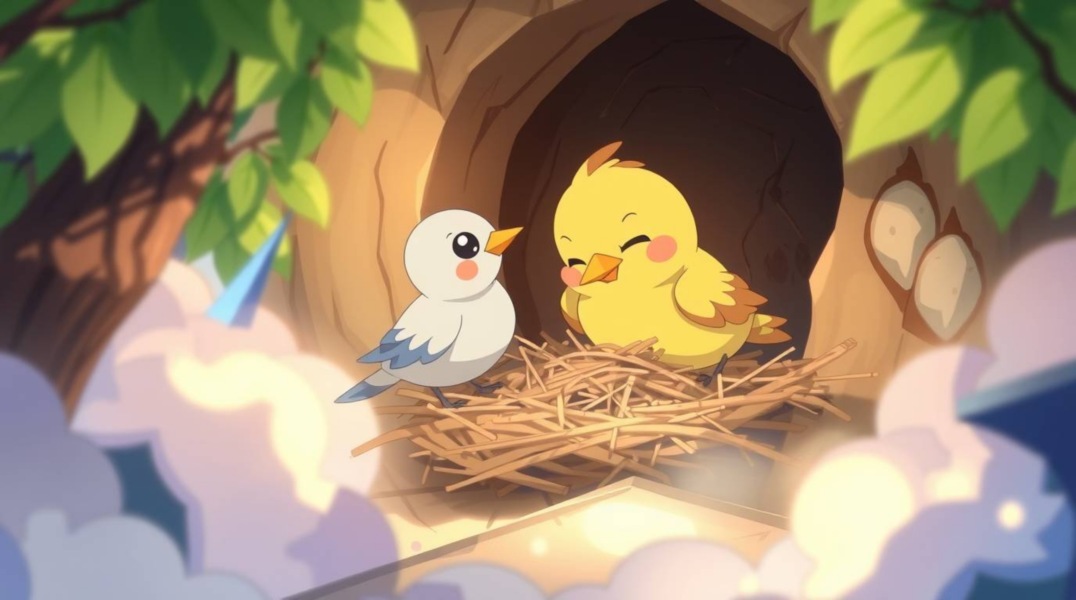 Witness two adorable cartoon birds constructing a nest in a captivating Isekai anime setting.  Rendered in a classic animatio
