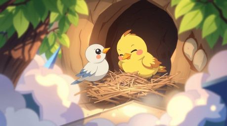 Witness two adorable cartoon birds constructing a nest in a captivating Isekai anime setting.  Rendered in a classic animatio