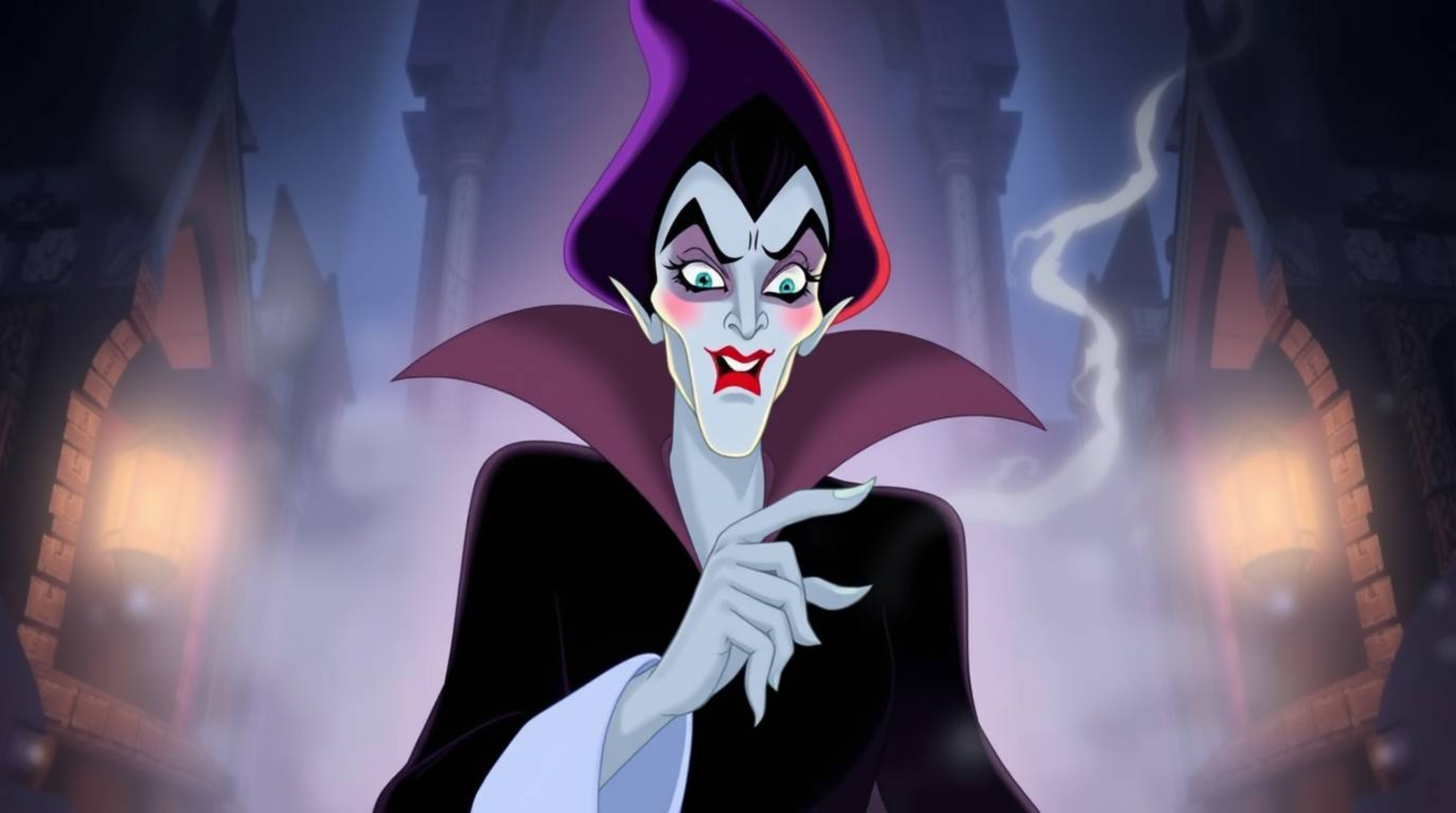 A captivating image of a classic Disney villain, sharp features and pale skin, casting a spell within the mystical confines o