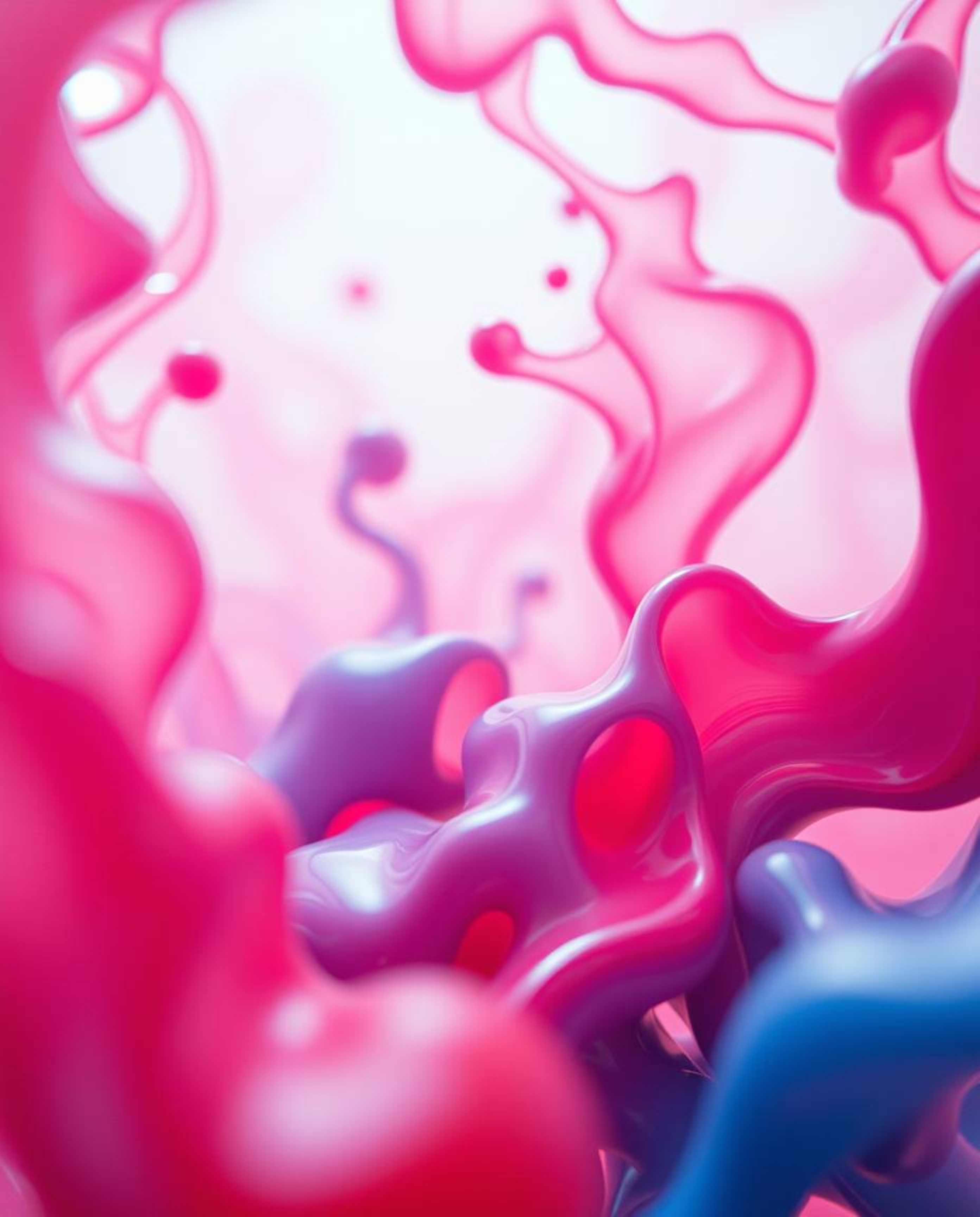 This image captures a mesmerizing interaction between colorful 3D fluid shapes and geometric forms, all set within a soft-foc