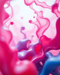 This image captures a mesmerizing interaction between colorful 3D fluid shapes and geometric forms, all set within a soft-foc