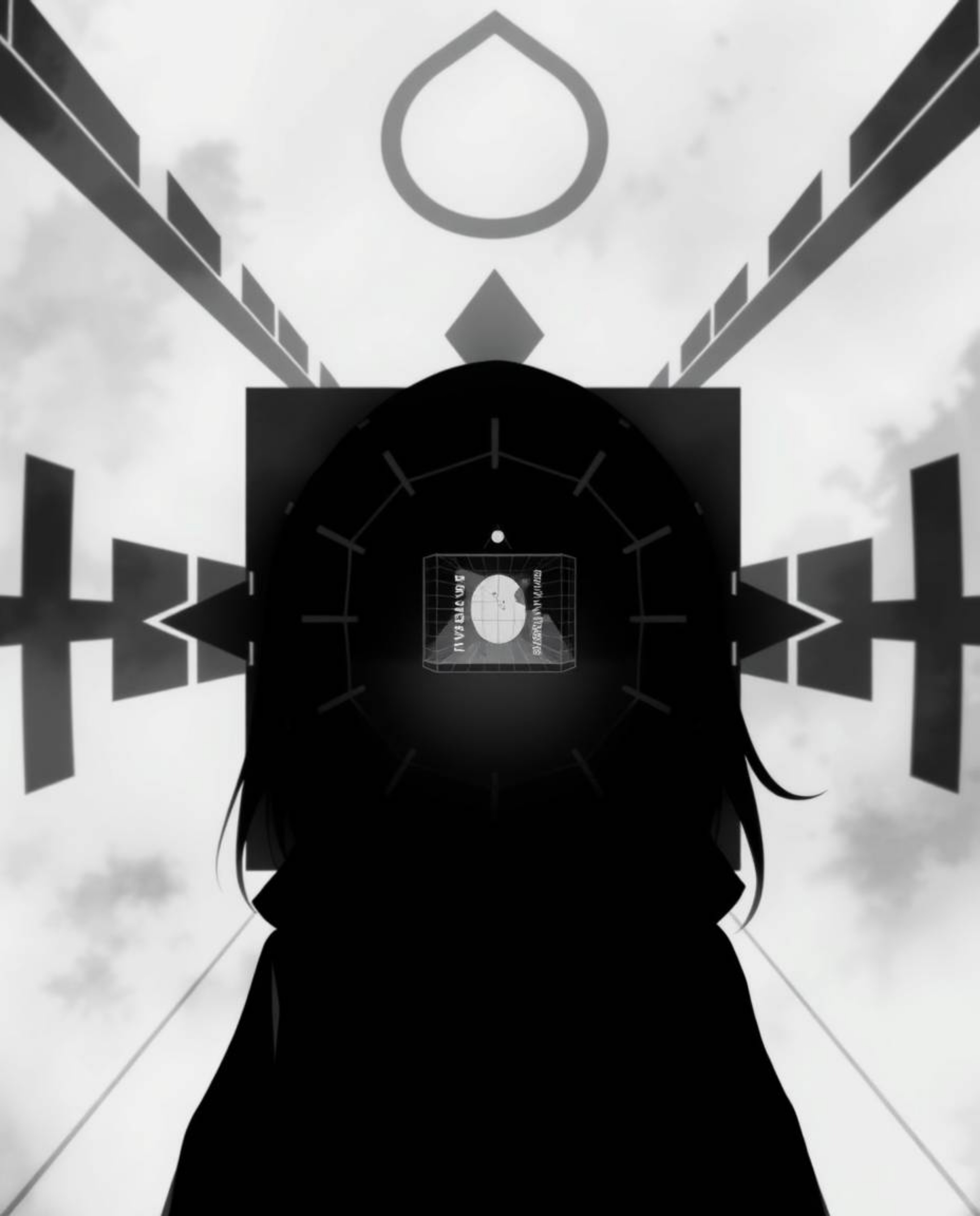 Explore a captivating black and white Isekai anime style image featuring a soft cinematic haze, intricate geometric patterns,