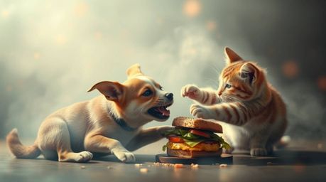 A whimsical, soft-lit artwork portrays a dog and cat playfully sparring over a delicious sandwich.  The scene is rendered in 