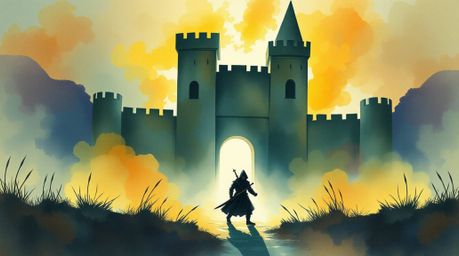 A captivating watercolor painting depicts a thief, silhouetted against a bright backlight, stealthily infiltrating a heavily 