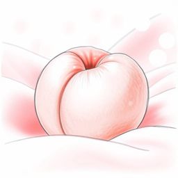 A dynamic, hand-drawn sketch capturing a close-up ASMR image of a soft, blushing pink peach resting on silky pastel pink fabr