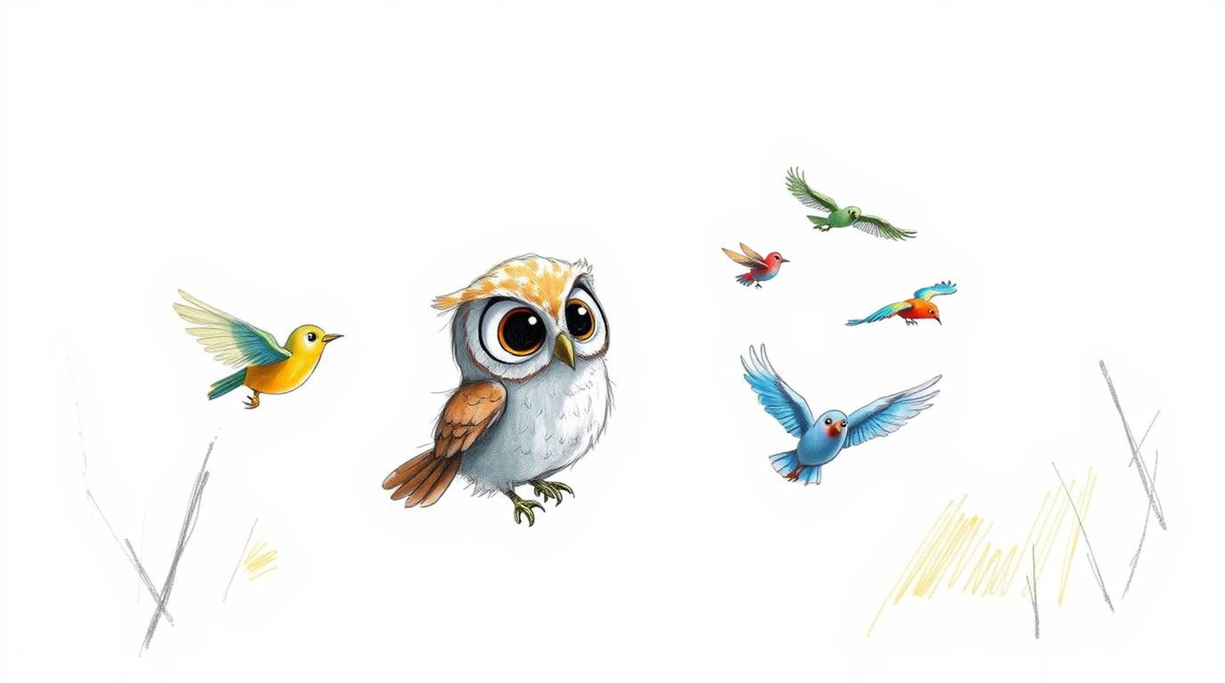 A heartwarming hand-drawn sketch depicts a blind owl with soft feathers and expressive eyes, patiently teaching a flock of co