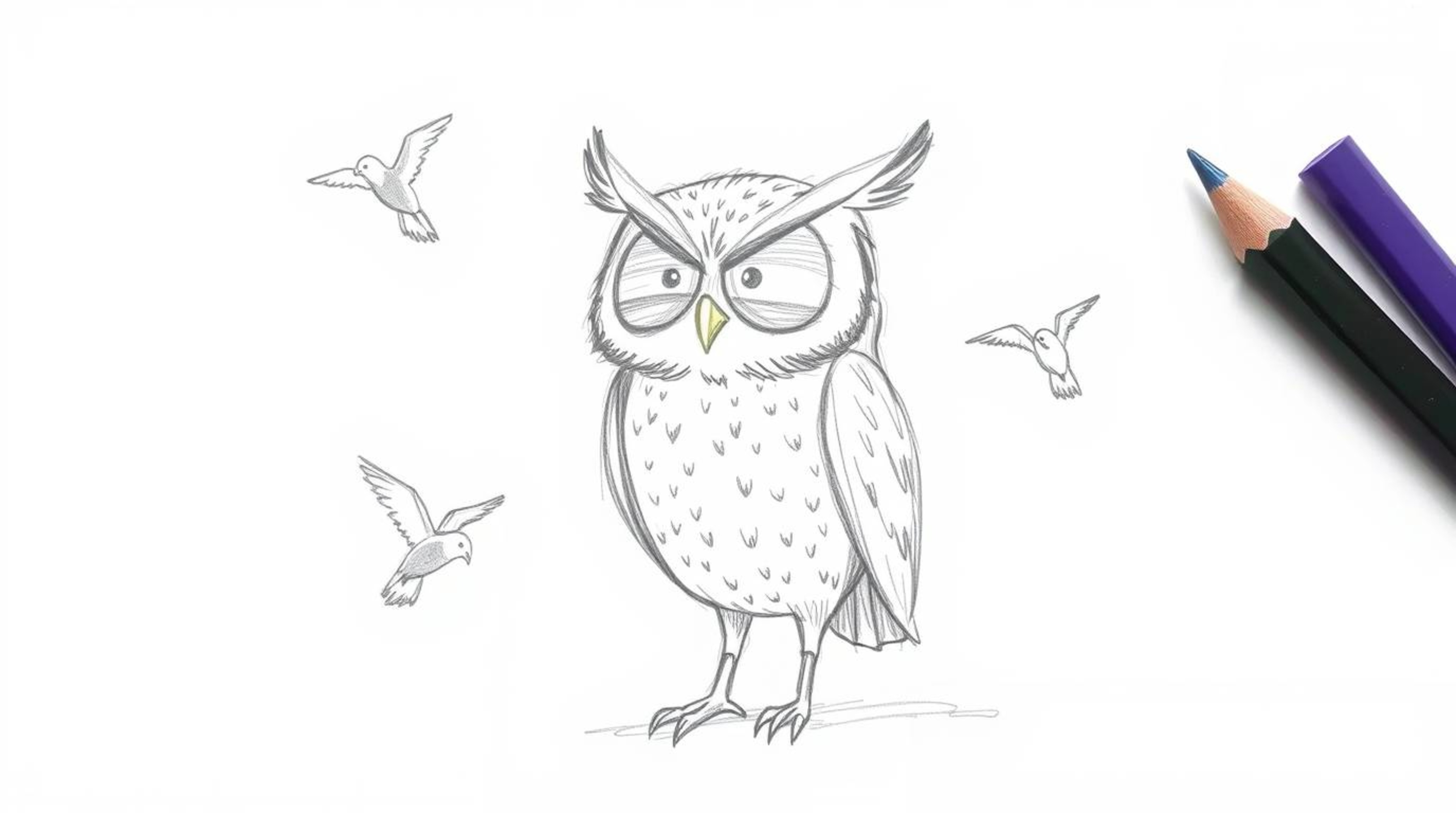 A serene and attentive blind owl, rendered in a charming Pixar-esque style with textured pencil strokes, is depicted teaching