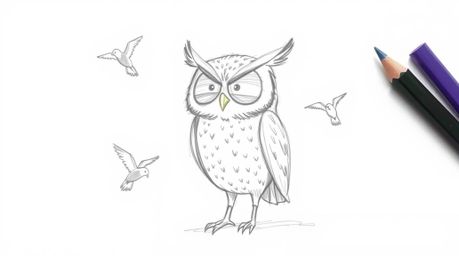 A serene and attentive blind owl, rendered in a charming Pixar-esque style with textured pencil strokes, is depicted teaching