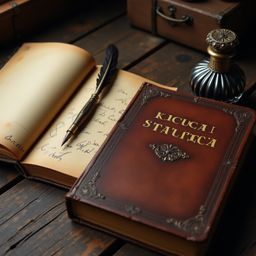 A captivating scene featuring a well-worn, brown leather-bound journal opened to yellowed pages filled with scribbles.  Accom