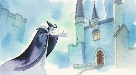 A captivating watercolor painting depicting a classic Disney villain casting a spell within an ancient castle.  The artwork f