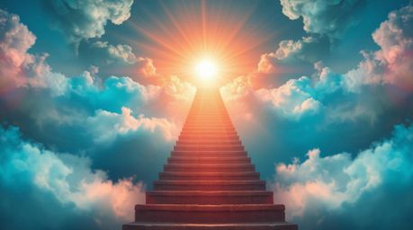 A surreal and dreamy image depicts a stairway ascending through smoky clouds towards a bright celestial light.  Vibrant color