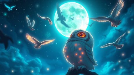 This artwork depicts a heartwarming scene inspired by isekai anime and Pixar animation, featuring a blind owl with glowing, b