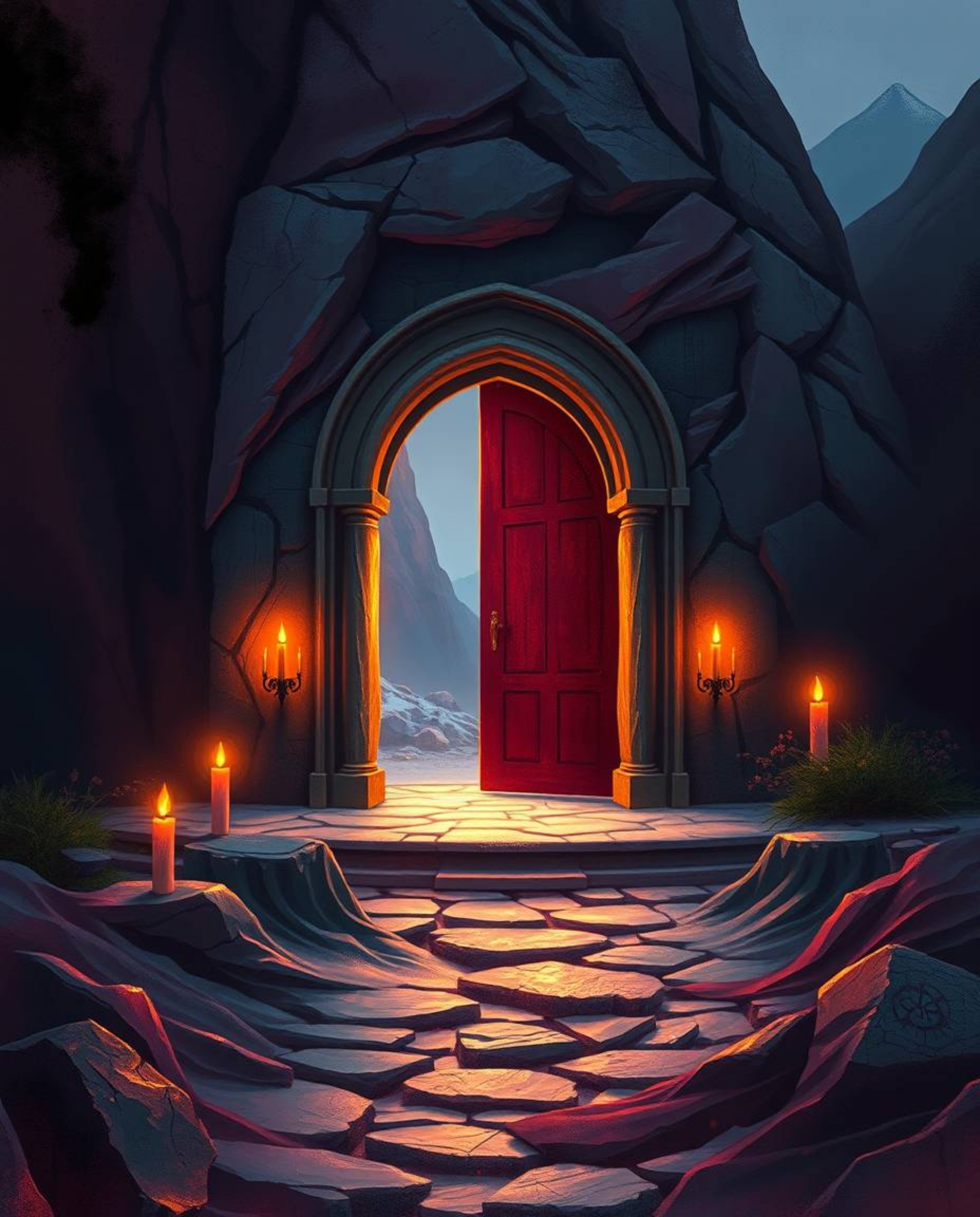 This elegant digital painting showcases an ancient doorway, glowing with mysterious runes, nestled within a majestic mountain