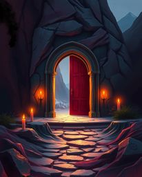 This elegant digital painting showcases an ancient doorway, glowing with mysterious runes, nestled within a majestic mountain