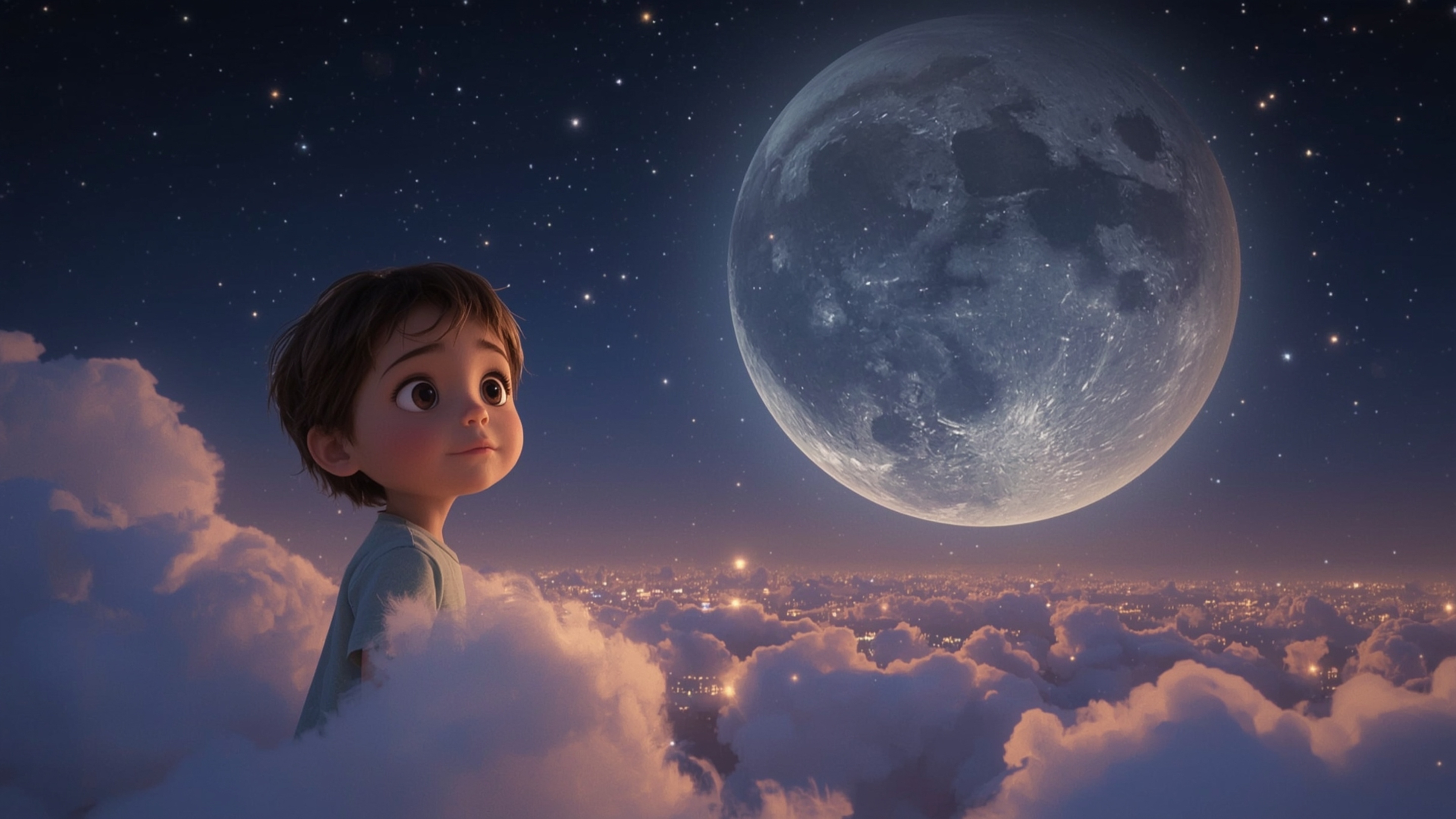 Step into a dreamy, cinematic world with this whimsical, Pixar-inspired photograph. A curious, wide-eyed child with a soft-fo
