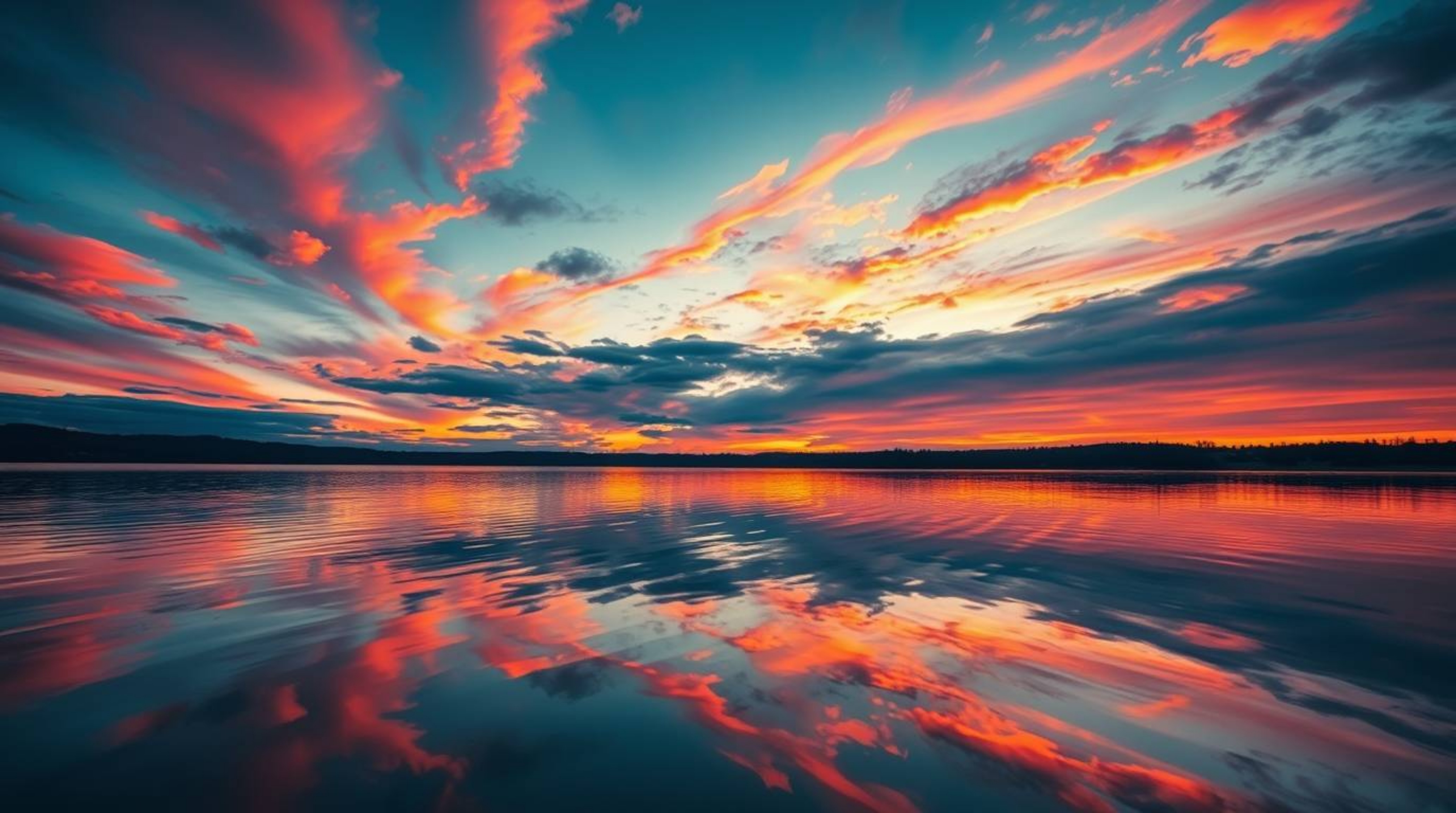 A captivating low-angle shot captures the serene beauty of a lake mirroring a vibrant sunset. Warm hues of red, orange, and y
