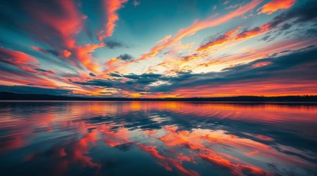 A captivating low-angle shot captures the serene beauty of a lake mirroring a vibrant sunset. Warm hues of red, orange, and y