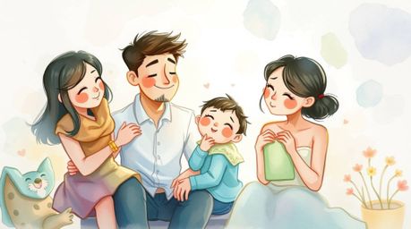 Experience a heartwarming Pixar-style family reunion depicted in a delicate watercolor painting. The scene features transluce