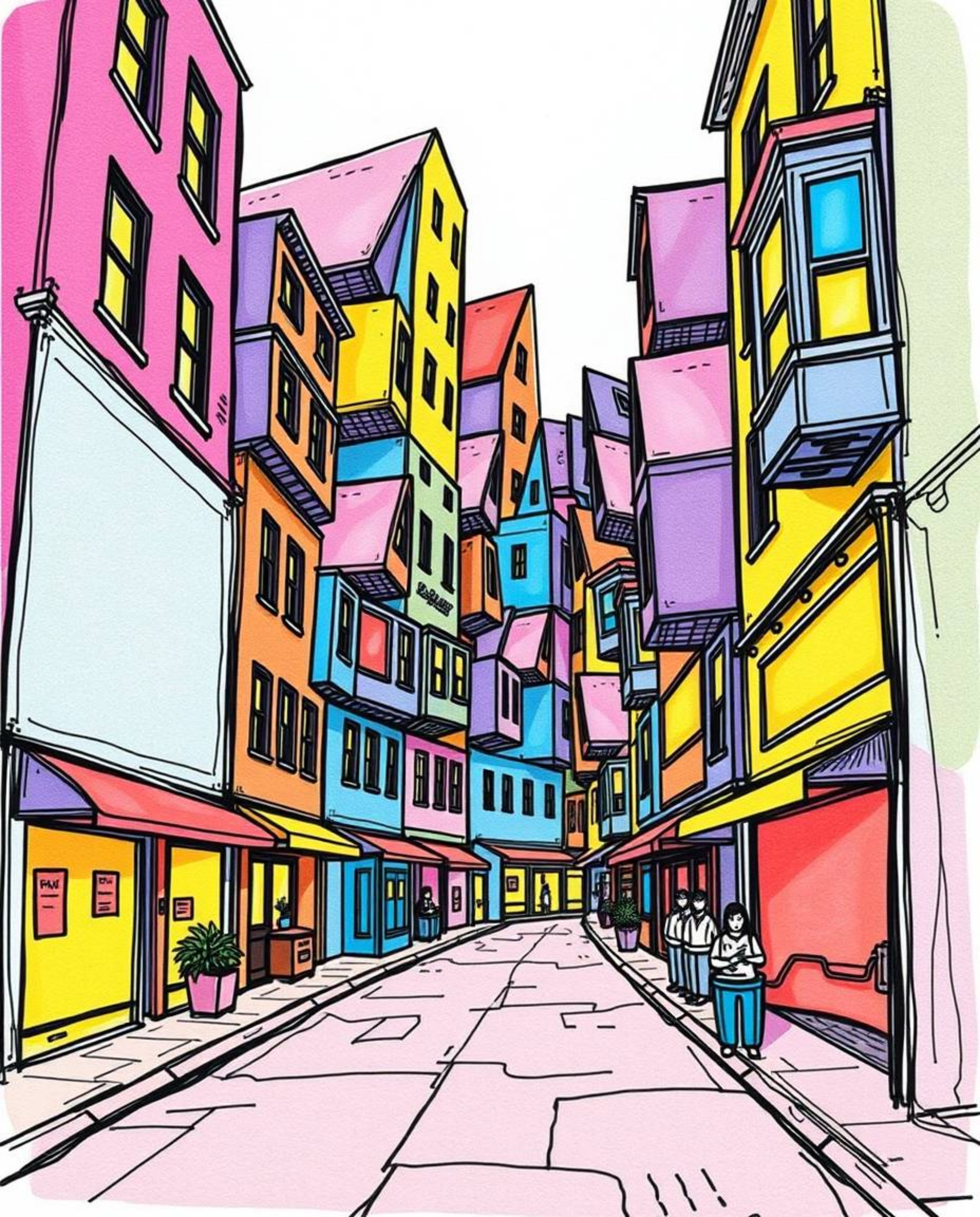 Explore a hand-drawn, electric-colored sketch of a surreal street scene featuring buildings that fold and twist in impossible