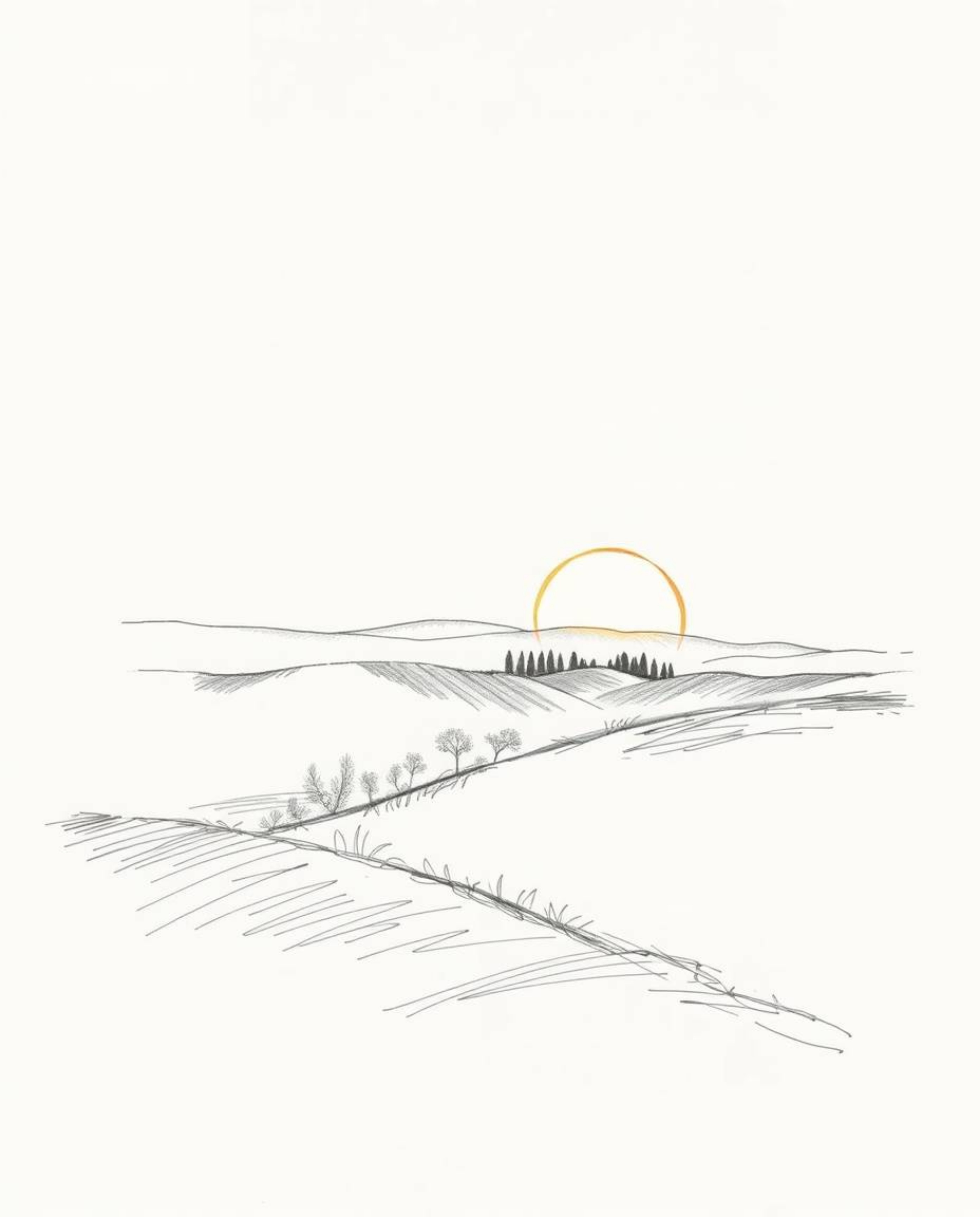 This is a hand-drawn sketch depicting a sunset over the misty, rolling hills of Tuscany, set against a clean white background