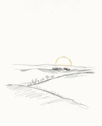 This is a hand-drawn sketch depicting a sunset over the misty, rolling hills of Tuscany, set against a clean white background