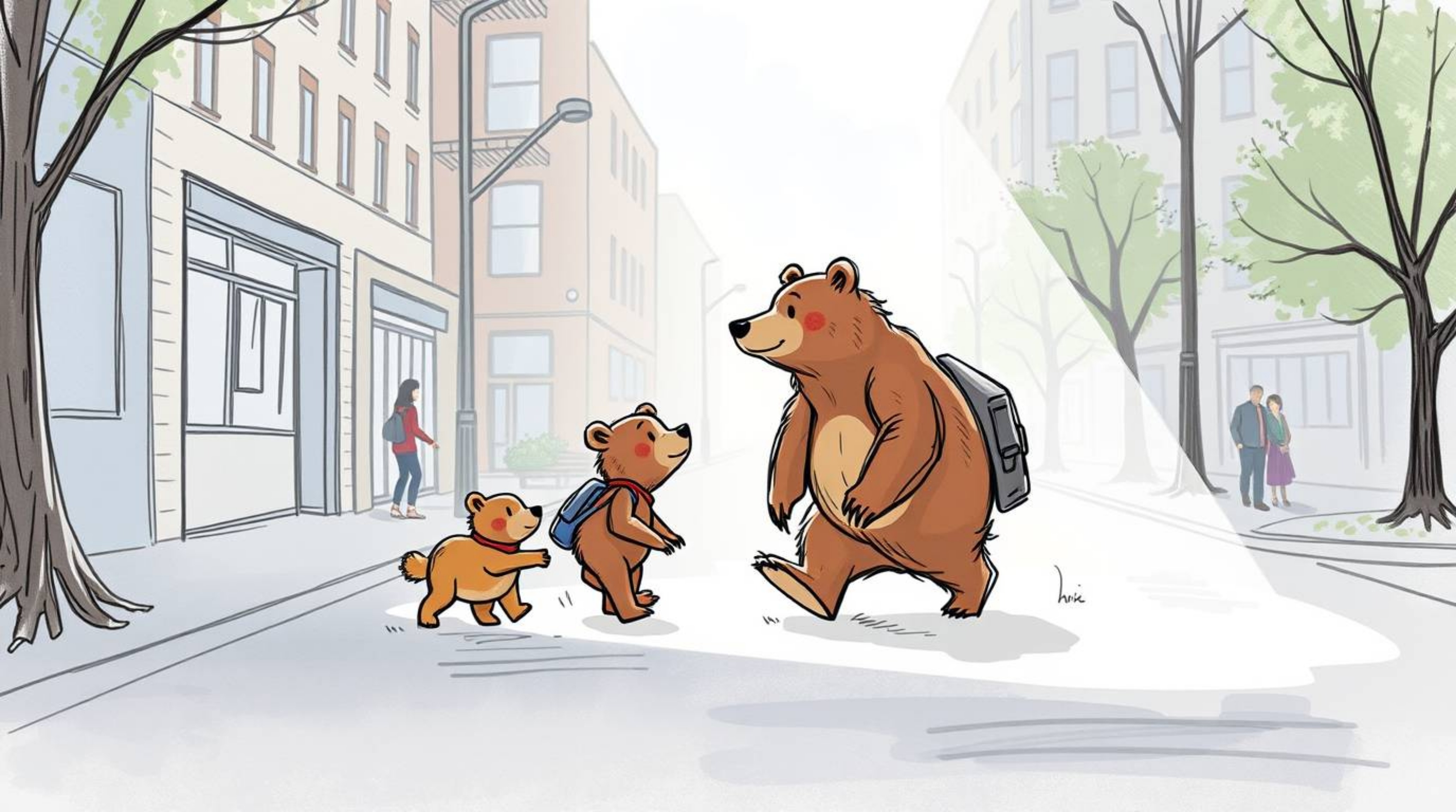 Experience the charm of a bear family embarking on a peaceful urban adventure in this hand-drawn color sketchnote style sketc
