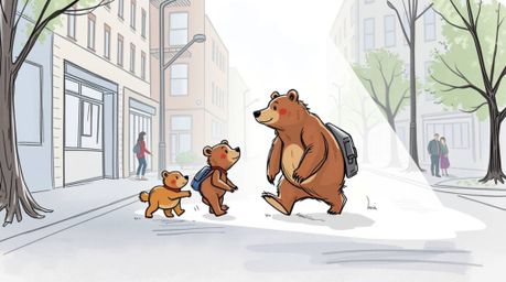 Experience the charm of a bear family embarking on a peaceful urban adventure in this hand-drawn color sketchnote style sketc