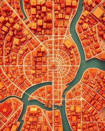 Explore the intricate beauty of an abstract city map, rendered in geometric shapes and captured from a top-down perspective. 