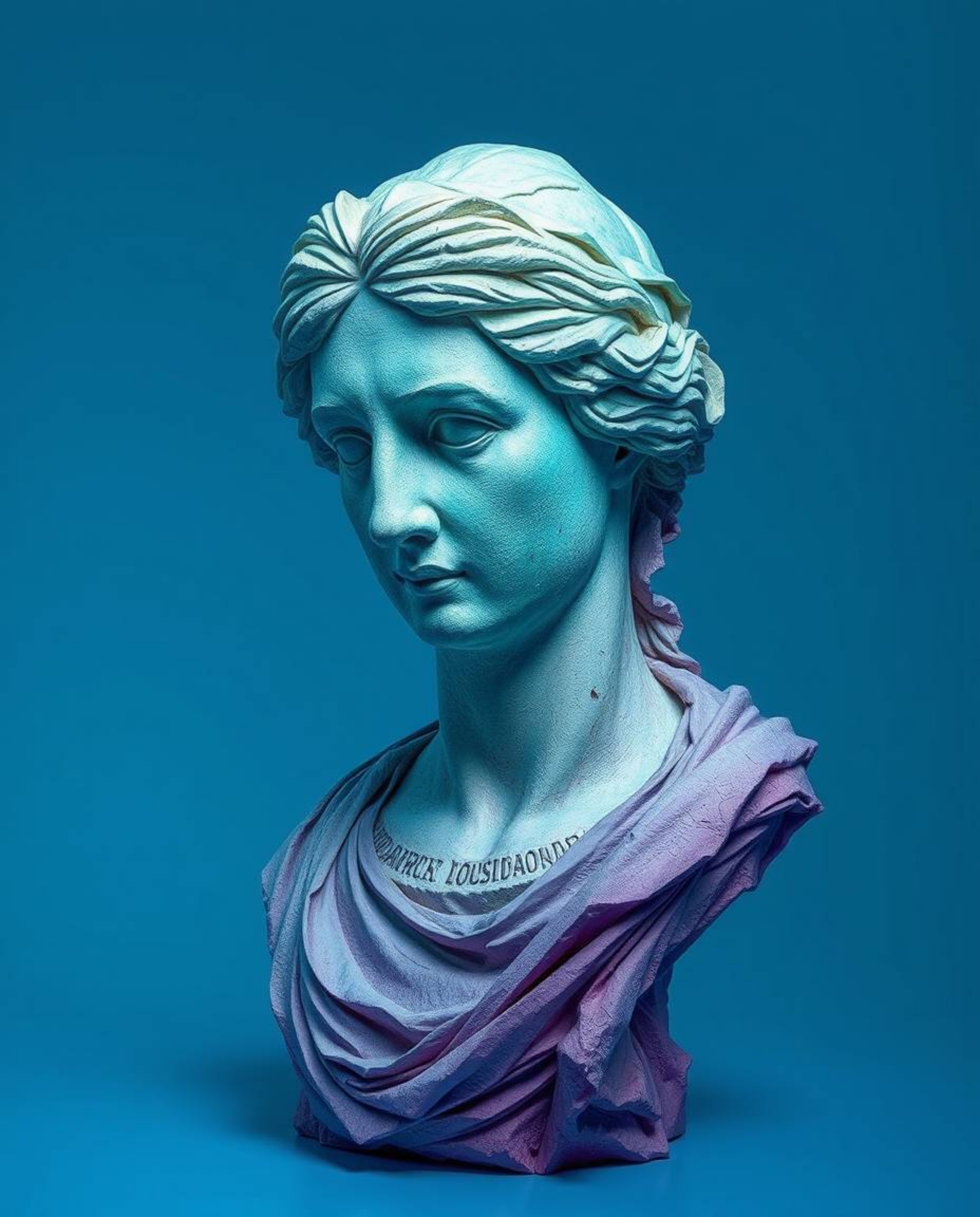 A digitally corrupted classical sculpture rendered in layered papier-mâché style, featuring a vibrant glitch effect and a coo