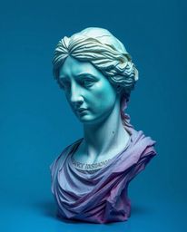 A digitally corrupted classical sculpture rendered in layered papier-mâché style, featuring a vibrant glitch effect and a coo