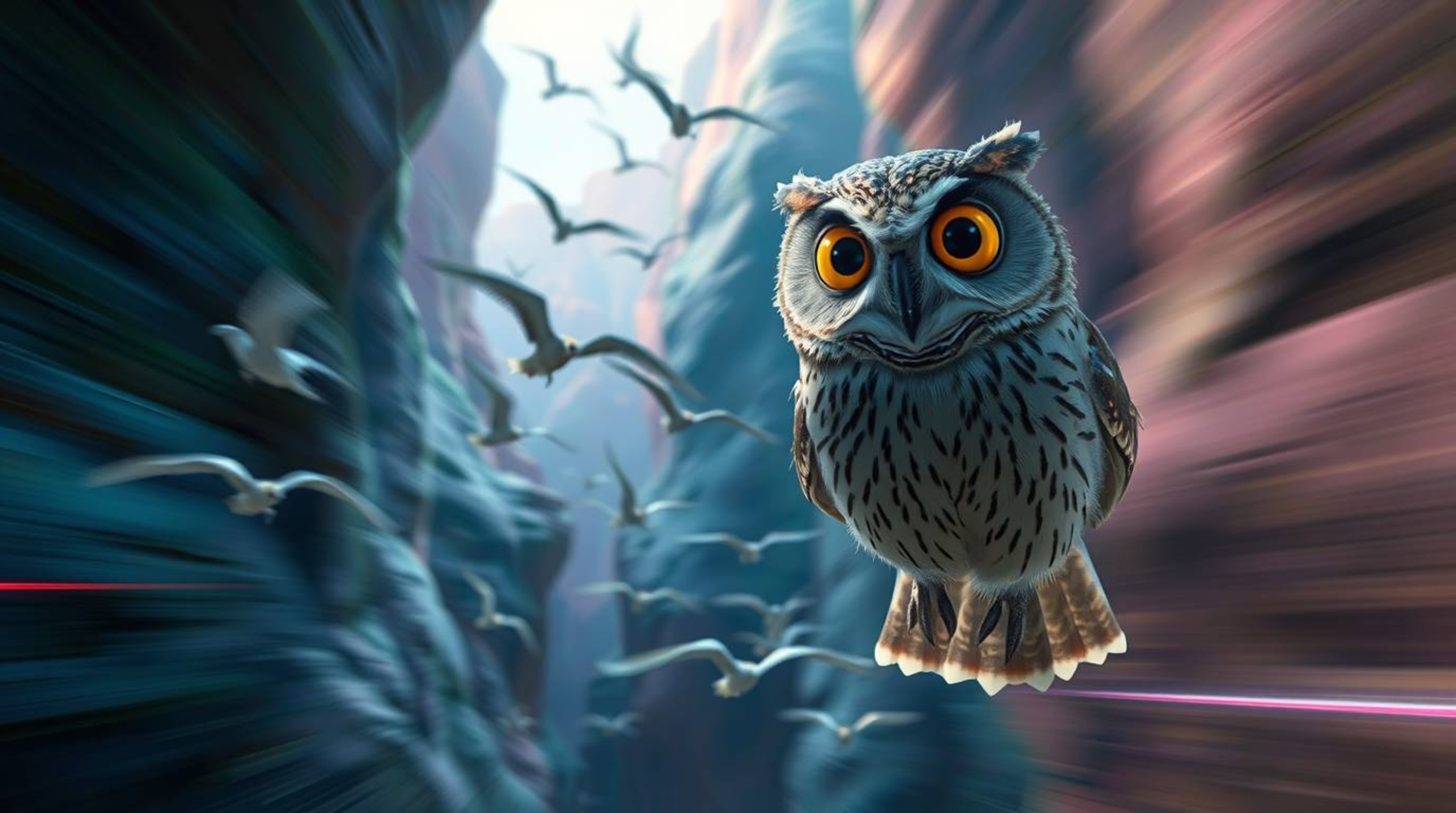 This piece of long exposure photography, created in a charming Pixar-like style, features a blind owl with soft, kind eyes le