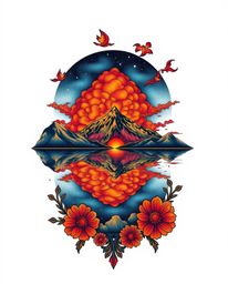 A traditional tattoo art print depicting the glowing, bioluminescent reflections of fiery clouds in a mountain lake. Executed