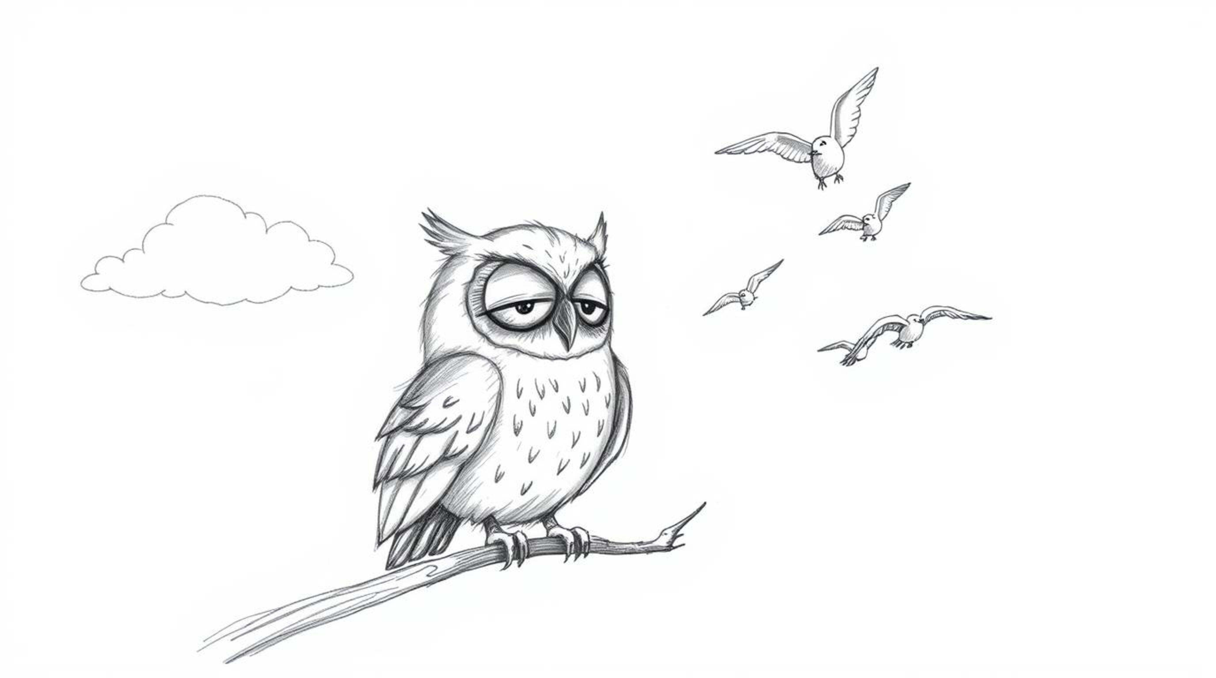 This is a charming hand-drawn sketch created in the distinctive style of Pixar. It depicts a blind owl with soft feathers and