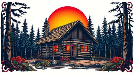 A captivating symbolic tattoo art print showcases an old wooden cabin nestled in a sunset-drenched woods.  The artwork featur