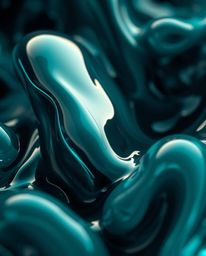 Explore a hyperrealistic sci-fi world through extreme macro photography, showcasing rich, deep teal surreal 3D fluid shapes t