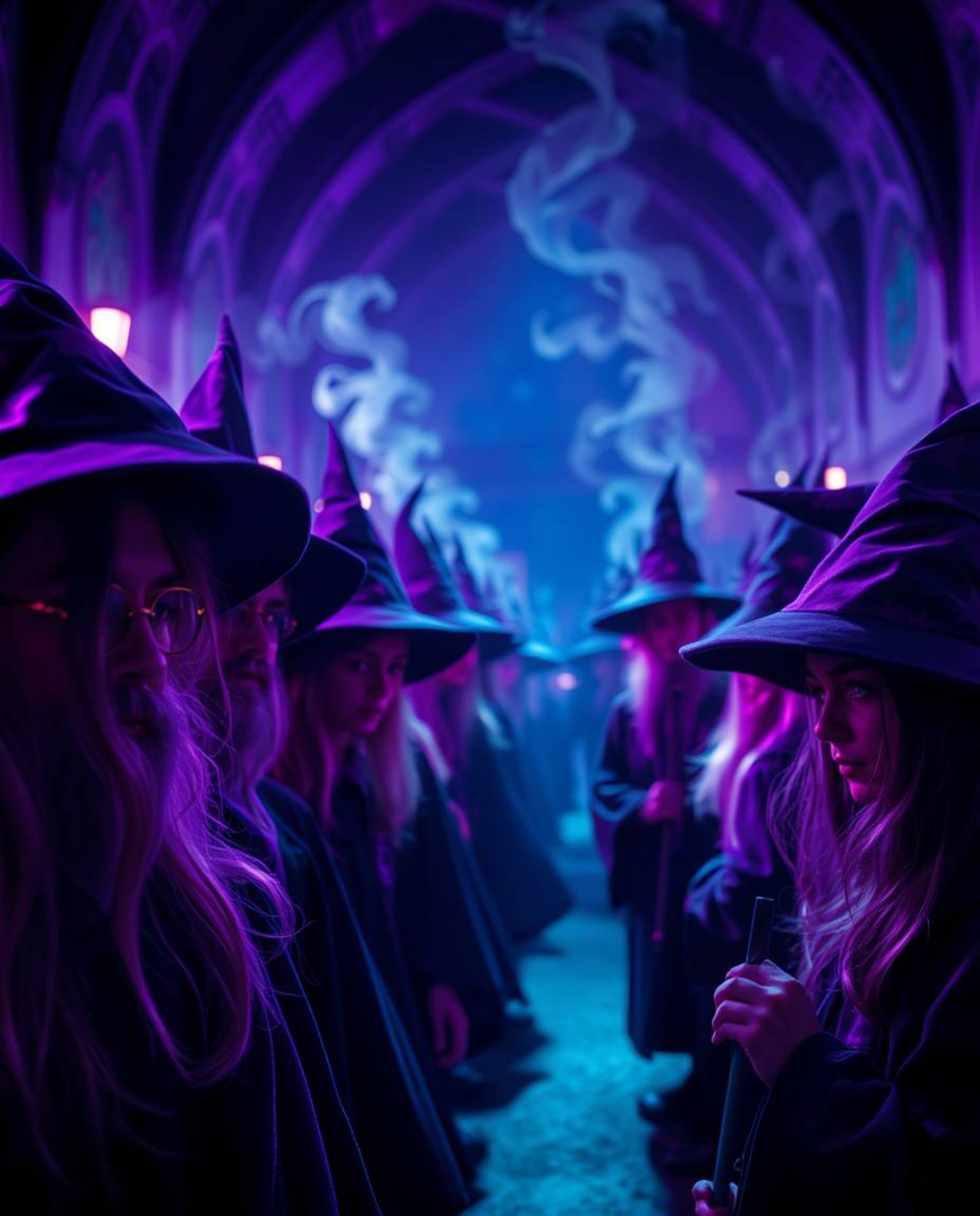 Explore a tight close-up shot of a magical school teeming with young wizards, drenched in deep ultraviolet hues that highligh