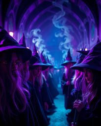 Explore a tight close-up shot of a magical school teeming with young wizards, drenched in deep ultraviolet hues that highligh