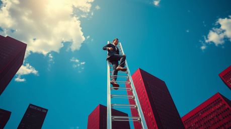 A captivating surreal image depicts a sharp-featured businessperson ascending a transparent ladder into a deep blue sky above