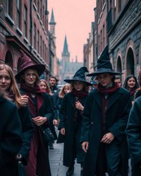 Explore a world of candid street photography featuring sophisticated young wizards in a magical school setting. Rich burgundy