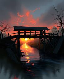 This is a digital sketch in a painterly style, depicting an old wooden bridge over a river at sunset. The artwork employs con