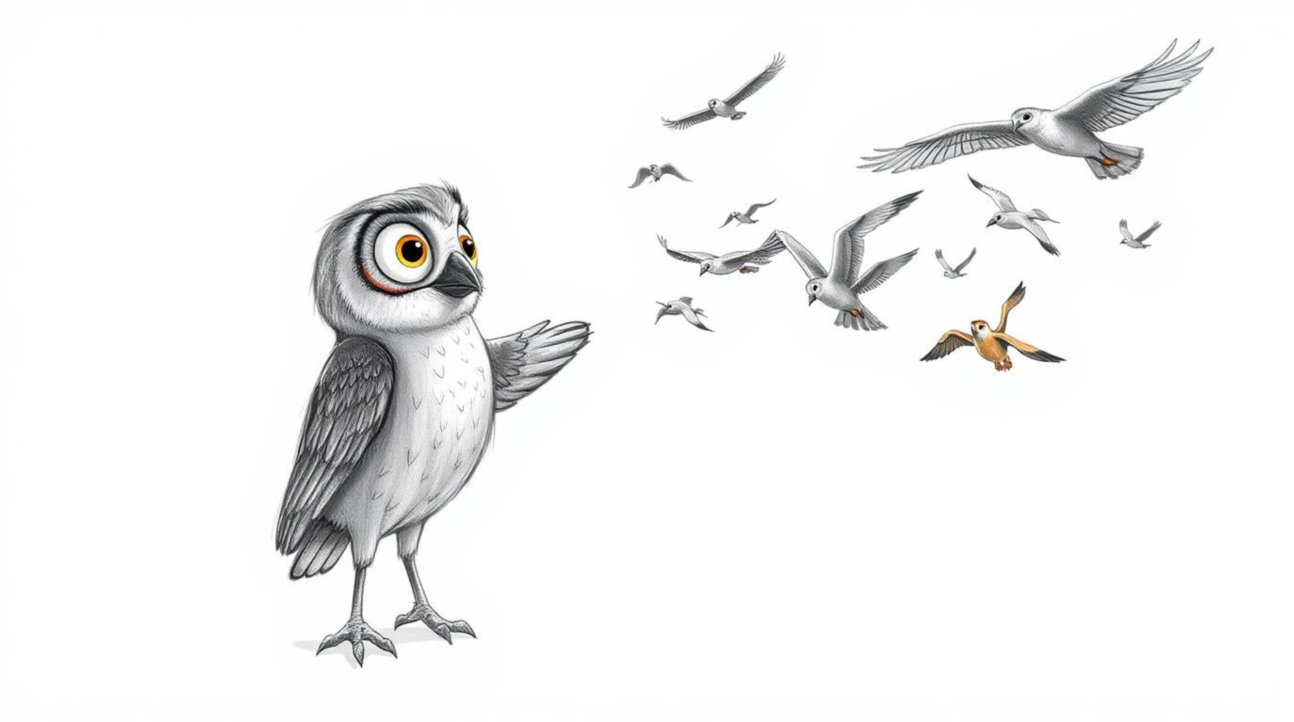 A heartwarming hand-drawn sketch in the style of Pixar animation depicts a kind, blind owl with soft feathers instructing a d