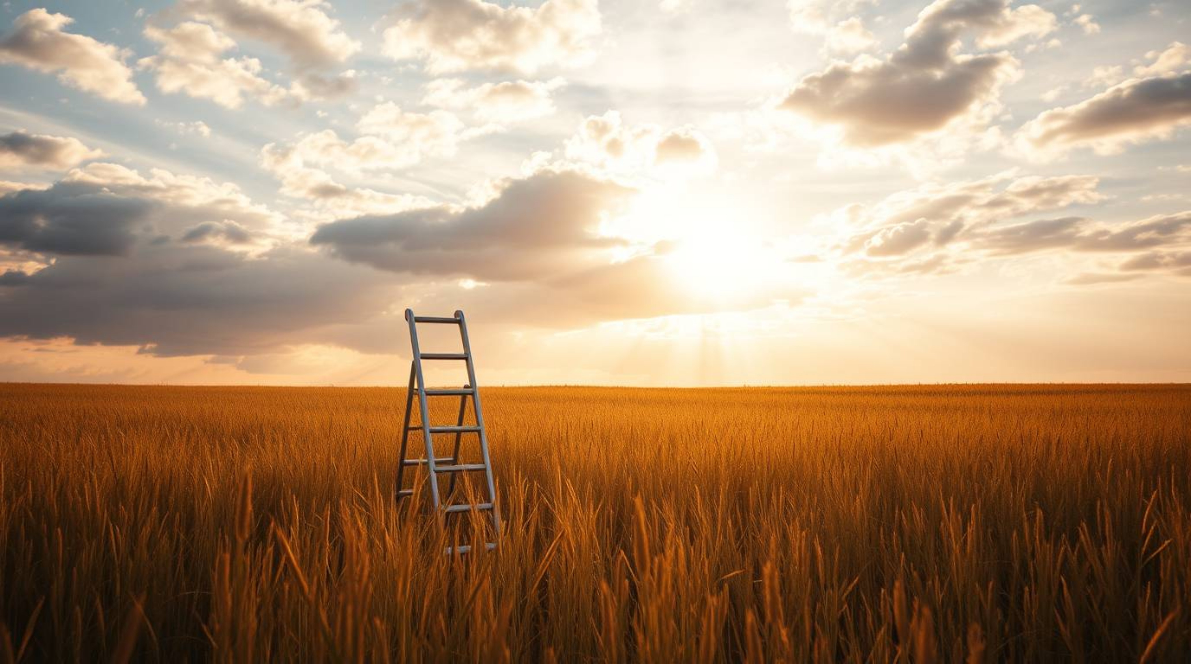 A minimalist scene depicting a silver ladder standing in an open field beneath a wide, cloudy sky, bathed in the warm golden 