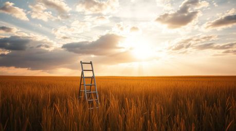 A minimalist scene depicting a silver ladder standing in an open field beneath a wide, cloudy sky, bathed in the warm golden 