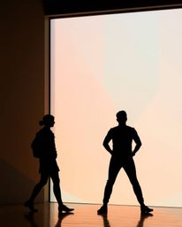 Elevate your space with a silhouetted figure design against a geometric pastel gradient wallpaper, boasting a soft modern aes